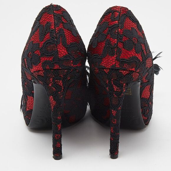 D&g Red/black Feather And Crystal Embellished Lace And Satin Pumps Size 37.5